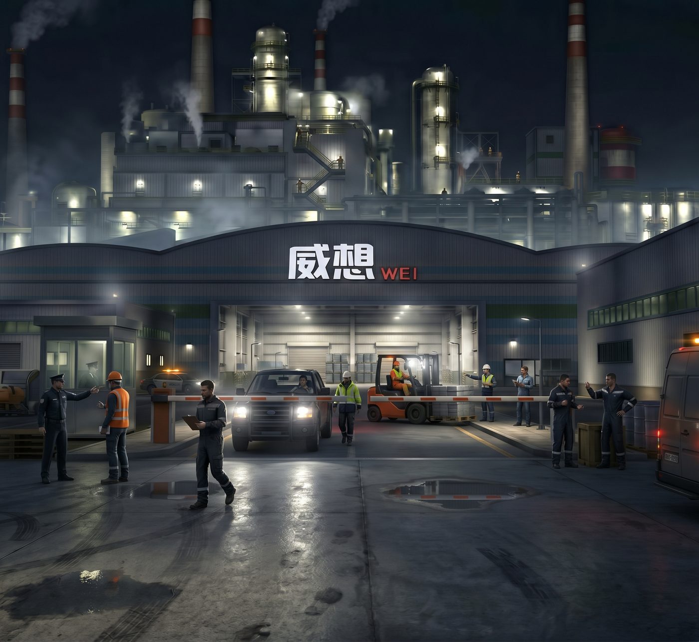 Factory forecourt with a guard booth, barrier and workers