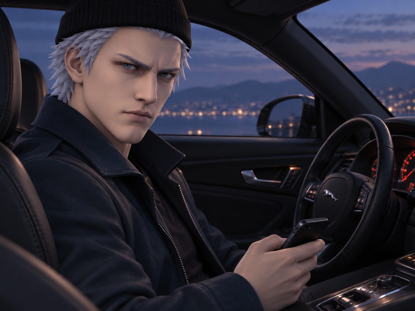 The main character, silver-haired and wearing a black beanie, seated in a car at dusk, rendered like a console game cutscene