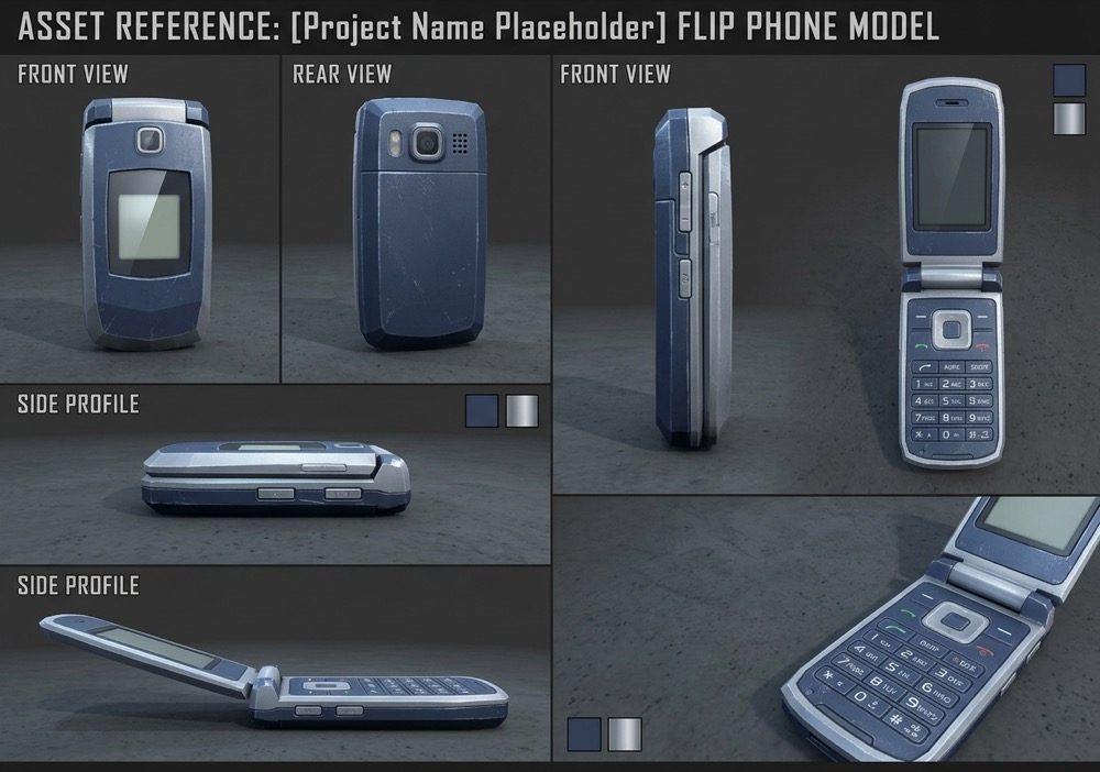 Asset reference sheet for a blue flip phone showing front, rear, side and open views