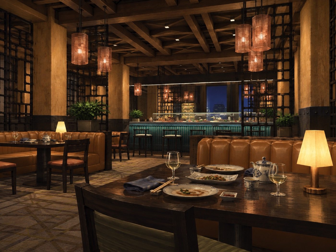 A warmly lit restaurant interior with leather booths, lattice screens, hanging lanterns and a teal bar counter, rendered in a game style