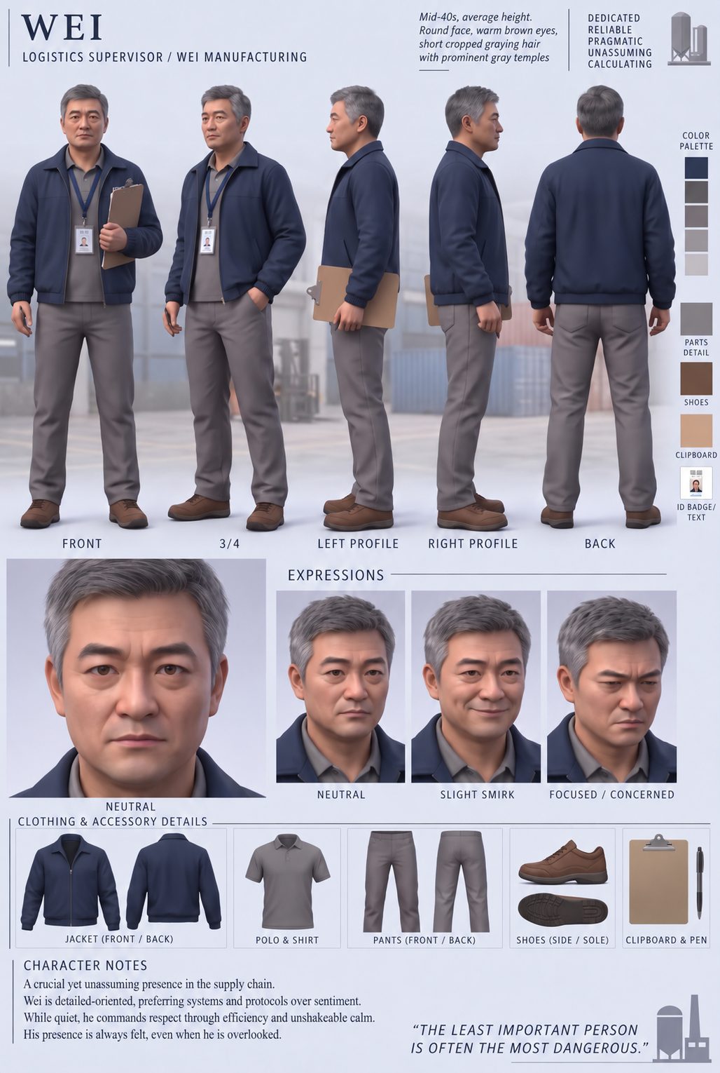 Character sheet for Wei, a mid-forties logistics supervisor in a navy work jacket, grey polo and lanyard, showing front, three-quarter, profile and back views, expressions, and clothing details